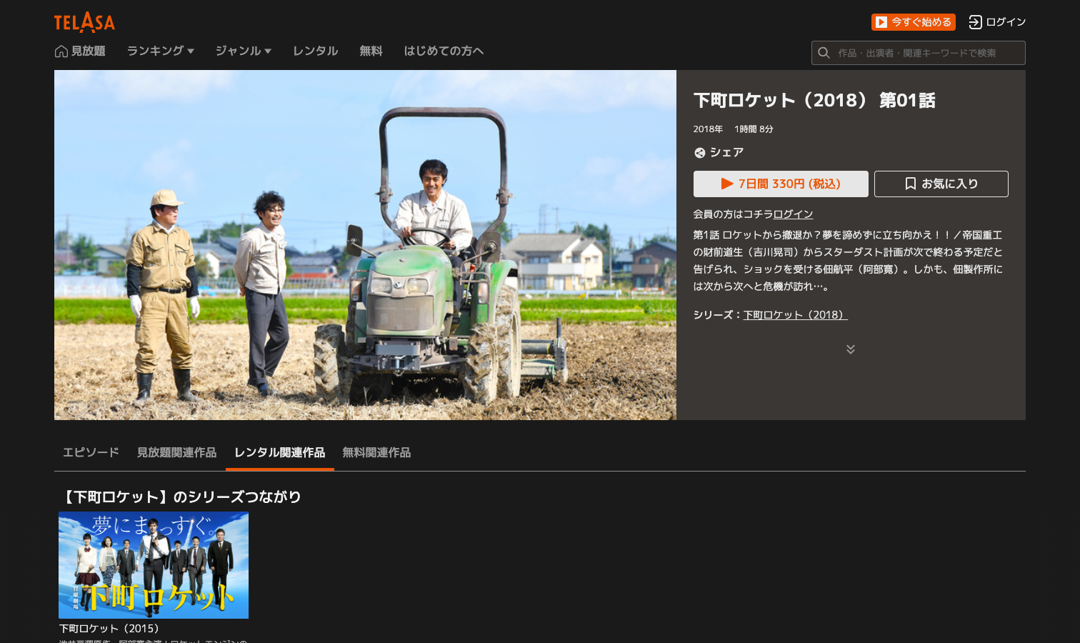 TELASAでドラマ『下町ロケット』（2018年・第2シリーズ）第1話のレンタル料金が表示されている画面（2026年9月30日確認）