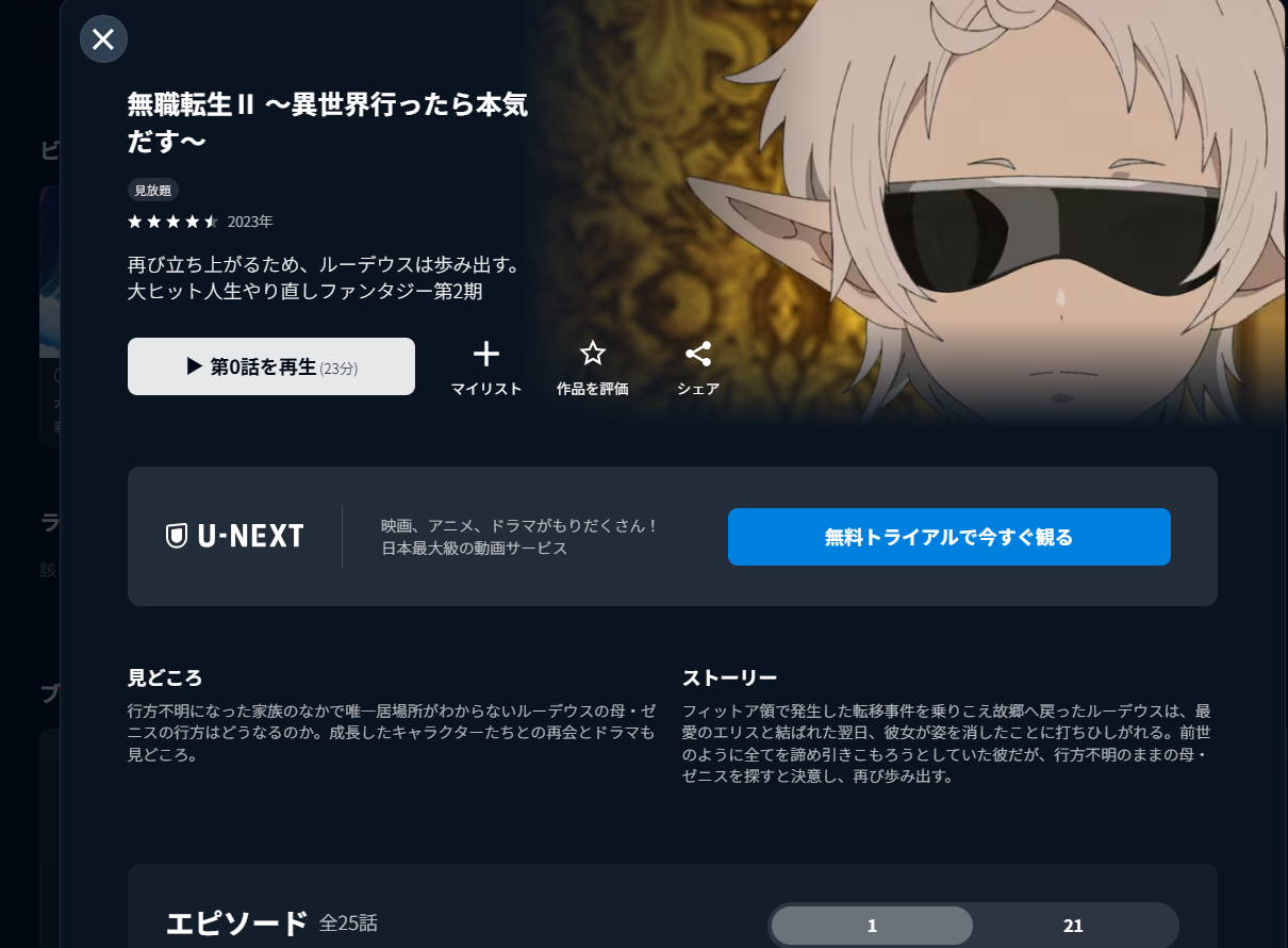 U-NEXT『無職転生Ⅱ ～異世界行ったら本気だす～』