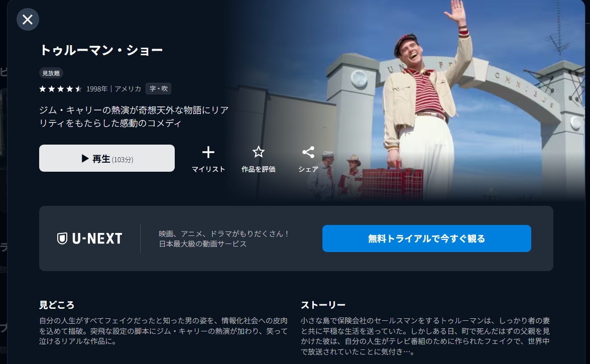 U-NEXT『トゥルーマン・ショー』